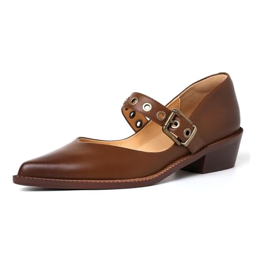 YDN Women Fashion Ankle Strap Pumps Pointed Closed Toe Mary Jane Chunky Mid Heels Loafers Hollow Buckle Shoes Party Shopping Evening Size 7.5 Brown