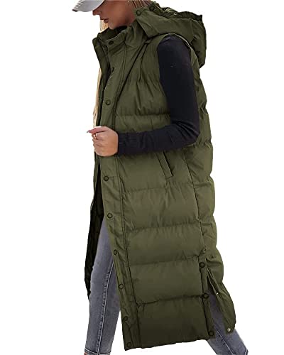 Tankaneo Women's Sleeveless Long Quilted Vest Hooded Button Down Puff Vest Cotton Padded Jacket Winter Outerwear