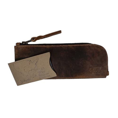 Image of Full Grain Leather Flat Pencil Pouch, Curved Pen and Marker Case for Men and Women, Zippered Bag for Work & Artists Accessories, Bourbon Brown