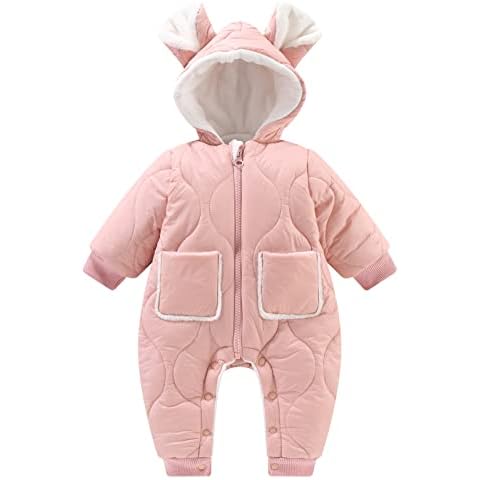 SEAUR - Baby Winter Snowsuit Girls Puffer Down Long Sleeve Hooded Jacket Infant Toddler Warm Romper Zipper Jumpsuit - Pink Cover