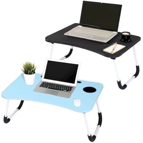 Mesa de cama con portavasos, escritorio plegable para desayuno, aperitivos y comidas en la cama o el sofá, bandeja portátil para servir con patas ajustables