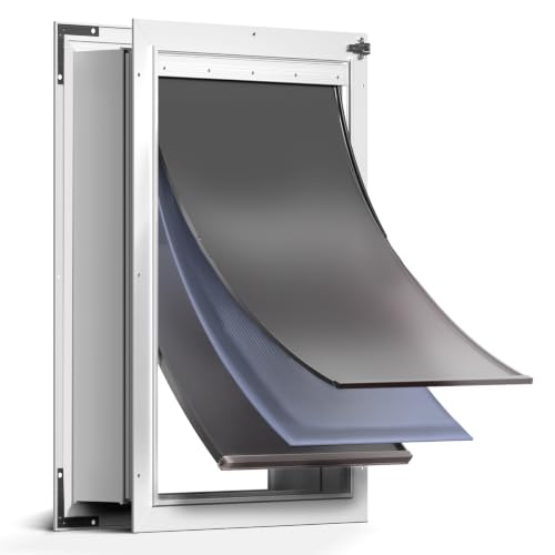 PETCOMING 3-Flaps Insulated Aluminum XL Dog Door for Wall Heavy-Duty Telescoping Extra Large Doggy Door with Dual Security Locks Closing Panel Extreme Weather Pet Door for Pets Up to 220 LB