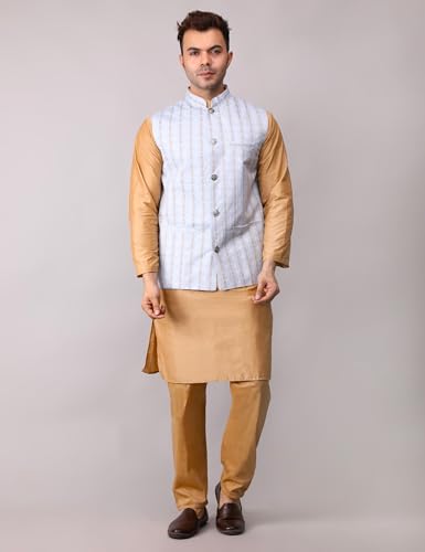 Image of Men's Cotton Silk Blend Regular Kurta Pyjama, Embroidered Nehru Jacket /Waistcoat Set