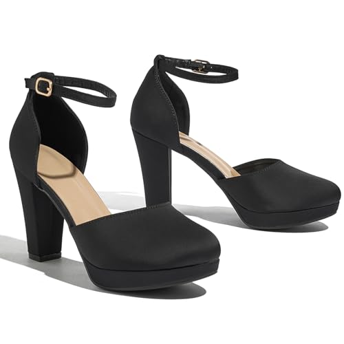 Women's High Block Heels Pumps Round Closed Toe Ankle Strap Dress Wedding Shoes3