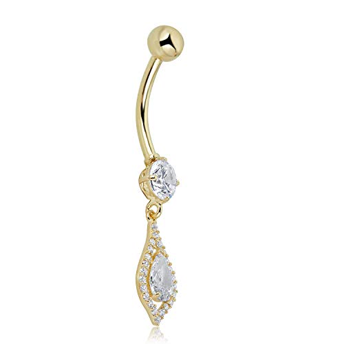 Image of AVORA 10K Gold Simulated Diamond CZ Teardrop Dangle Belly Button Ring Body Jewelry (14 Gauge)