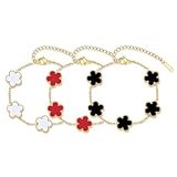 FuYelng 3 Piezas Trebol de Cuatro Hojas Pulsera, Pulseras de la Suerte Acero Inoxidable Ajustable Joyería Chapado Oro, para Día San Valentín Navidad Regalo Suerte (Rojo, Negro, Blanco)