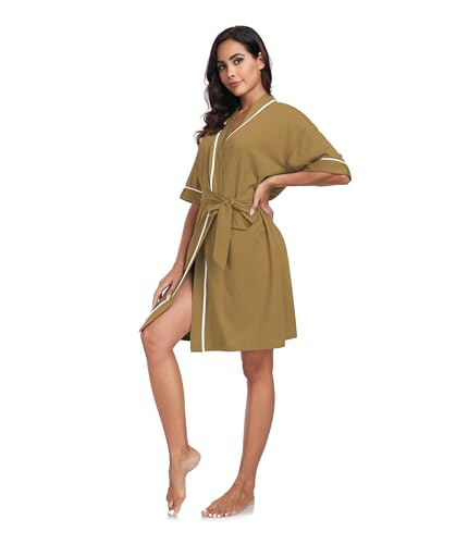 Image of ANLIQI Womens 100% Cotton Robes Lightweight Summer Short Sleeve Lady Bathrobe Knee Length Kimono Robe Sleepwear with Pockets