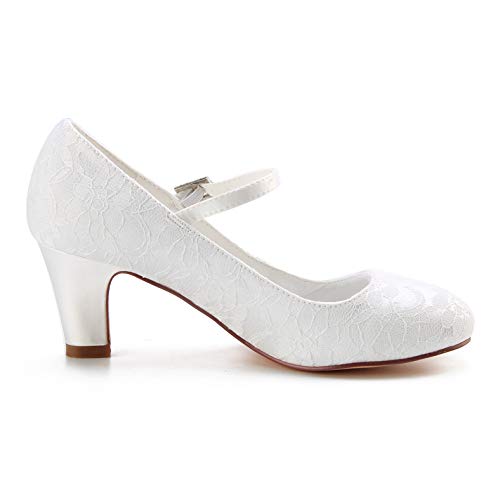 Emily Bridal Wedding Shoes Women's Lace Chunky Heel Closed Toe Pumps with Buckle3