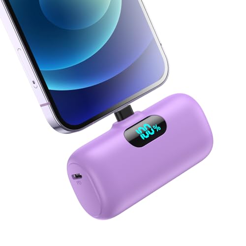 Mini Power Bank für iPhone 5000mAh, Upgrade 15W PD 3.0A Schnellladung, Leicht-Kompakt Powerbank LCD Display Akkupack Kompatibel mit iPhone 14/13/12/11/XR/X/8/7/6 und mehr (Lila)