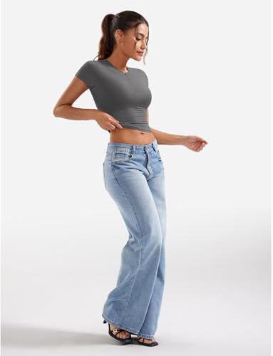 YEOREO Women Basic Adjustable Zip Up Short Sleeve T-Shirt Workout Crop Top Double Lined Tank Slim Fitted Ruched Going Out Top3