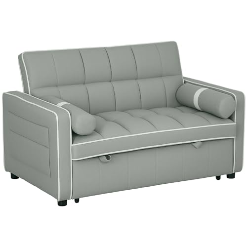 HOMCOM 2 Seater Sofa Bed, Click Clack Pull Out Sofa Bed with Adjustable Backrest and Pillows, 3-in-1 Modern Tufted Settee for Living Room, Bedroom, Guest Room, Light Grey