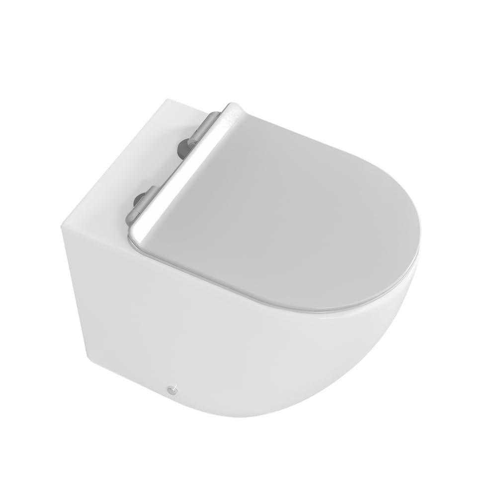 Sanitari filomuro in ceramica bianco lucido con brida e scarico traslato a parete o pavimento, sedile originale soft-close con sgancio rapido, linea FLAN