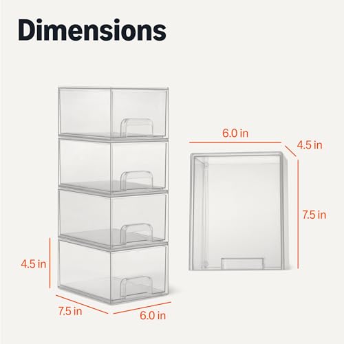 Image of Amazon Basics Stackable Plastic Storage Makeup Organizer Drawers, Clear, 7.5 inch x 6 inch x 4.5 inch, 4-Pack