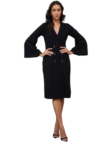 Athena Lifestyle Women and Girls Polyester A-line Collar Solid Print Midi Length Full Sleeve Black Formal Dress