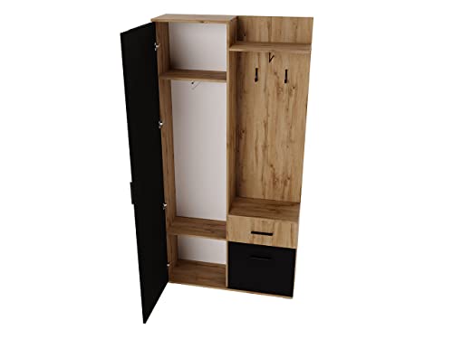 Mirjan24 Garderoben-Set Jarelin, Stylishe Kompaktgarderobe mit 2 Kleiderhaken, Stangen und Ablage, Praktischer Wandgarderobe, Flurgarderobe, Schrank, Schuhschrank (mit Spiegel, Wotan Eiche/Schwarz)