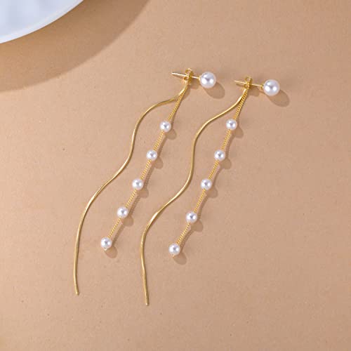 SLUYNZ Solid 925 Sterling Silver Simulated Shell Pearl Dangle Earrings for Women Teens - Elegant Long Chain Tassel Wedding Earrings2