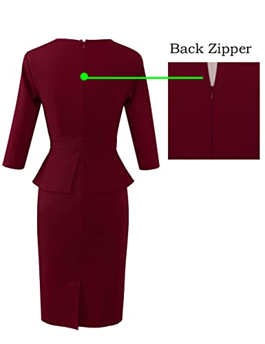 Image of VFSHOW Womens Pleated Crew Neck Peplum Slim Work Business Dress Elegant 3 /4 Sleeves Office Church Bodycon Pencil Sheath Dress