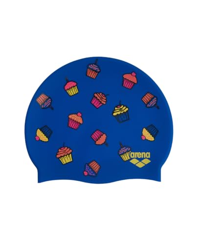 Arena Print 2 - Gorro de natación con impresión, Unisex, de Silicona, para Adultos, para Entrenamiento intensivo, cómodo, Antideslizante, Gorro de natación para Pelo Largo, Cupcakes/Azul