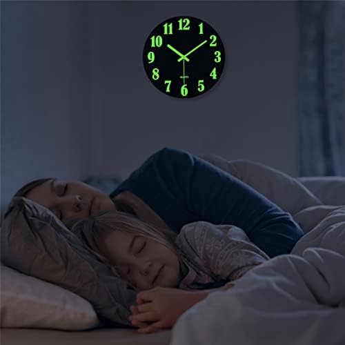 Topkey 12 Inch Luminous Wall Clock Silent Wooden Design Night Lights Round Wall Clock for Living Room and Bedroom (Battery Not Included)-Black