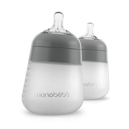 Image of Nanobebe Flexy Silicone Baby Bottle, Anti-Colic, Natural Feel, Non-Collapsing Nipple, Non-Tip Stable Base, Easy to Clean 2-Pack, Grey, 9oz