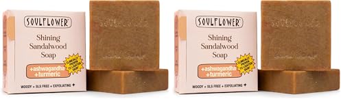 Image of Soulflower Shining Sandalwood Soap For Daily Cleansing | Tan Removal & Skin Brightening Natural Bathing Bar For Hard Water With Ashwagandha, Tulsi, Neem & Shea Butter | Controls Acne & Pimples | 100g