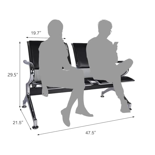 kinbor Waiting Room Chairs - Durable PU Leather Reception Bench with Armrests, 2-Seat Office Reception Guest Chairs for Office, Hospital, Airport, Bank & Lobby, Black
