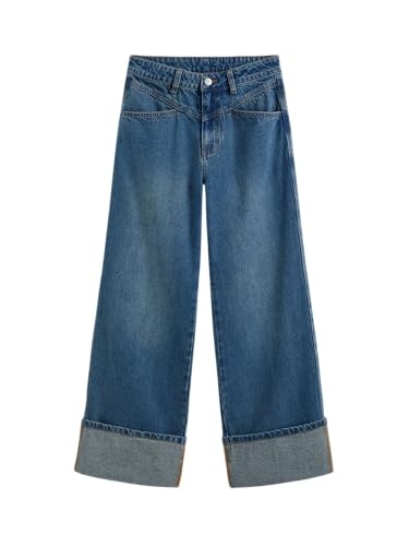 CIDER Women’s Baggy Jeans Straight Wide Leg High Waisted Fold Hem Denim Pants with Pockets