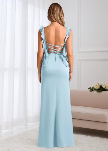 Satin Ruffle Bridesmaid Dresses for Wedding Long Backless Ruffles Wedding Guest Dress with High Slit4
