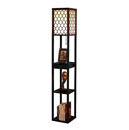 Lámpara de pie Woode con estantes de almacenamiento, cajones de madera y pantalla textil