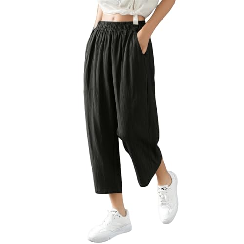 Capri Pants for Women Casual Summer Wide Leg Cotton Linen Pants Elastic Waist Beach Cropped Trousers with Pockets