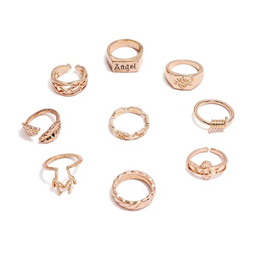 Image of Shining Diva Fashion Stylish Metal Boho Midi Finger Rings for Women and Girls - Set of 9 (D13057r), Golden