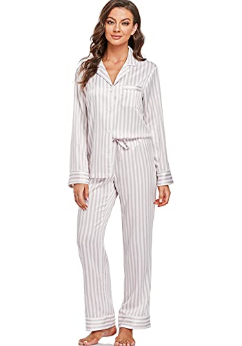 Image of Serenedelicacy Women's Satin Pajama Set Long Sleeve Button Down Sleepwear 2-Piece Silky Pj Set