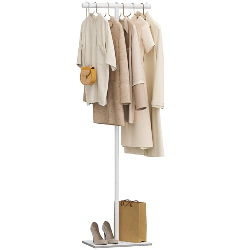 OUTBROS Métal Portant à Vêtements, Type T Moderne Multifonctionnel Porte Manteau, Portemanteau sur Pieds avec Dalles de roche lourdes, 175 cm, Blanc