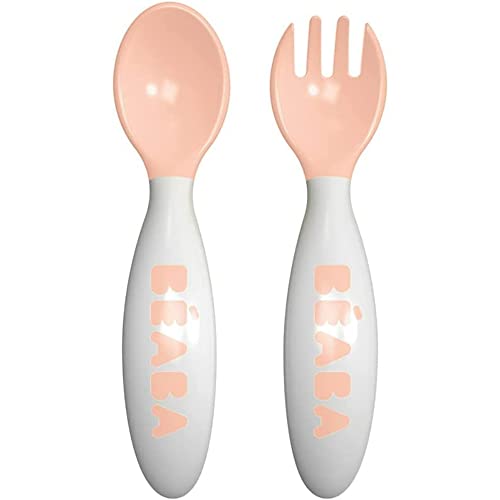 BÉABA, Lot de 2 Couverts Ergonomique d'apprentissage 2ème Âge, Dès 8 mois, Prise en main facile pour Bébé, Adaptée aux droitiers et aux gauchers, Boîte...
