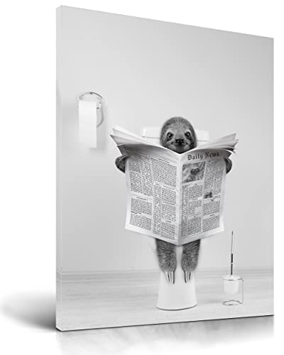 UPWOIGH Funny Bathroom Wall Decor, Black and White Sloth Wall Art, Waterproof Wood Canvas Framed Wall Art