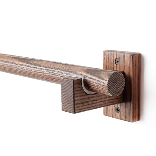 Barra de cortina de madera maciza resistente con soporte ajustable, diseño moderno de barra individual para dormitorio, instalación de perforación superior y elegante.