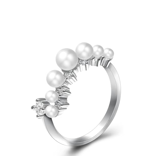 Adjustable Ring for Women, Pearl and Cubic Zirconia Stackable Ring, Elegant Statement Jewelry Gift for Wedding Anniversary Birthday Valentine's Day
