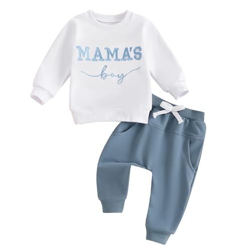 Image of FOCUSNORM Toddler Baby Boy Fall Outfit Mama's Boy Letter Embroidery Sweatshirt Top Elastic Pants Set Cute 2pcs Winter Clothes