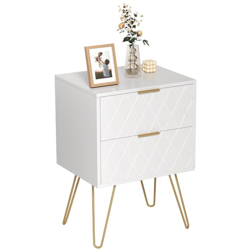 AIMEZO Nachttisch mit 2 Schubladen, Moderner Nachtschrank mit Goldenen Metallbeinen und Griffen, 39x29x57cm, Weiß