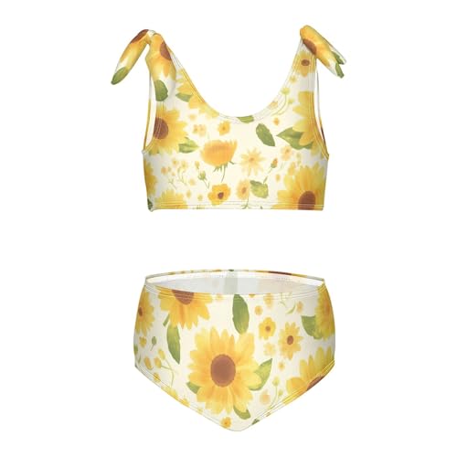 Sunflower Corner Boho Watercolor Background Girls 2 Pieces Kids Bikini Set Scoop Neck Swimsuit Swimming Suits Cute