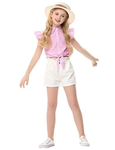 Girls Sleeveless Plaid Button Down Shirt Summer Crop Tops Tie Knot Ruffle Sleeve Shirt Blouse 3-12Y2