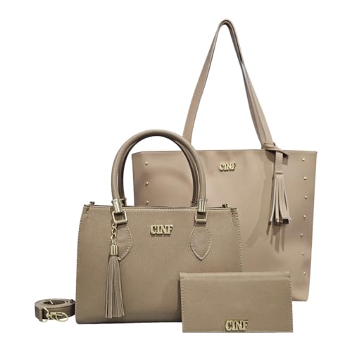 Kit Bolsa Feminina Sacola De Ombro Transversal De Mão E Carteira (Amêndoa)