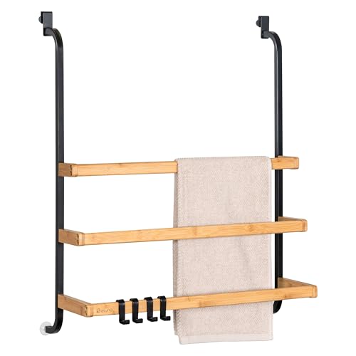eluno Handtuchhalter für die Glasduschwand aus Metall und Bambus Handtuchhalter mit 3 Handtuchstangen 4 praktischen Haken zum Einhängen ohne Bohren (Schwarz)