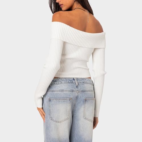 Image of Women Off Shoulder Solid Sweater Long Sleeve Vintage Slim Fit Crop Going Out Streetwear Y2k Ribbed Knit Tops(Daisy, S)