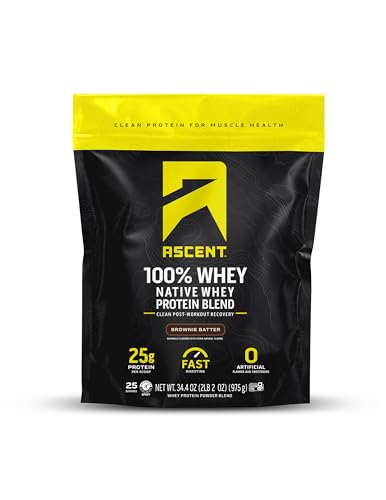 Image of Ascent 100% Whey Protein Powder - Post Workout Whey Protein Isolate, Zero Artificial Flavors & Sweeteners, Gluten Free, 5.5g BCAA, 2.6g Leucine, Essential Amino Acids, Brownie Batter 1.7 lb