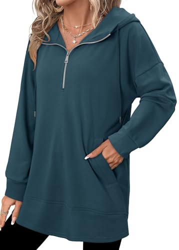 onlypuff Women Hoodie Pullover Trendy Quarter Zipper Lapel Sweatshirts Drawstring Cute Hooded Tunic Tops with Side Pockets