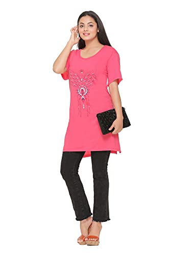 Image of CUPID Women's Cotton Round Neck Half Sleeves Regular Fit Long Tops, Night n Sleep Wear, Daily Use Gym n Lounge Wear T Shirt with Pocket L to XXL