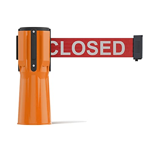 Trafford Industrial 11 Ft. Cone-Mounted Retractable Belt Barrier Orange Case with Red"This LINE is Closed" White Letters Belt
