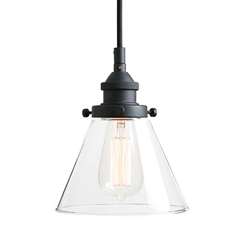 Pathson Retro Pendant Lighting with Clear Glass Shade and Metal Base Cap, Kitchen Light fixtures with Funnel Flared Style and Adjustable Textile Cord, Indoor Lamp for Bedroom Bathroom