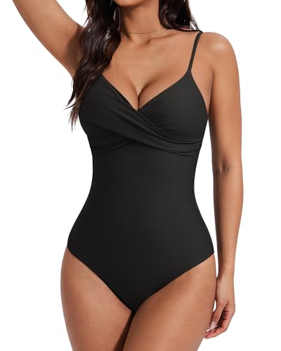 SUUKSESS Women's Tummy Control One Piece Swimsuits V Neck Front Cross Push Up Bathing Suit Sexy Backless Swimwear 2025(Black,Medium)